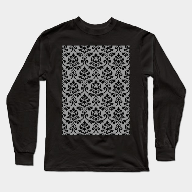 Feuille Damask Black on Gray Pattern Long Sleeve T-Shirt by NataliePaskell